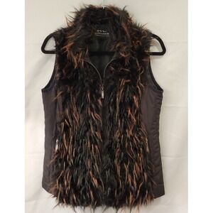 MontanaCo Faux Fur Women's Full Zip Vest‎ Quilted Brown Black Size Small Western